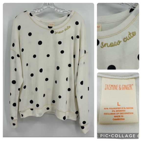 Jasmine & Ginger Embroidered Snow Cute Black Polka Dot Ivory Sweatshirt Size L - Picture 1 of 6